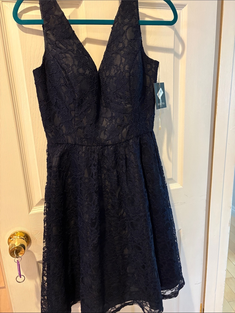 MARINA Navy Lace V-Neck Mini Dress